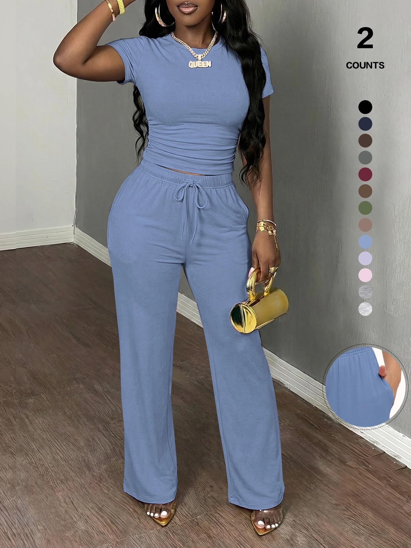 Women's Spring Summer Casual Set, Round Neck Short Sleeve Top & Wide Leg Pants, Slim Fit Home Wear, 2 Piece Comfortable, Casual Fashion Set