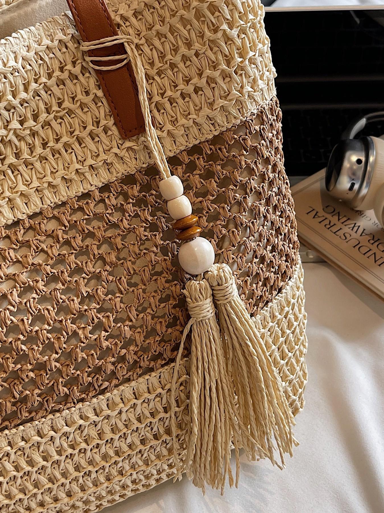 2026 Summer Bohemian Tote Bag, Handwoven Raffia, Leather Strap, Pearl Fringe, Large Capacity, Perfect for Daily Use, Fashionable & Comfortable