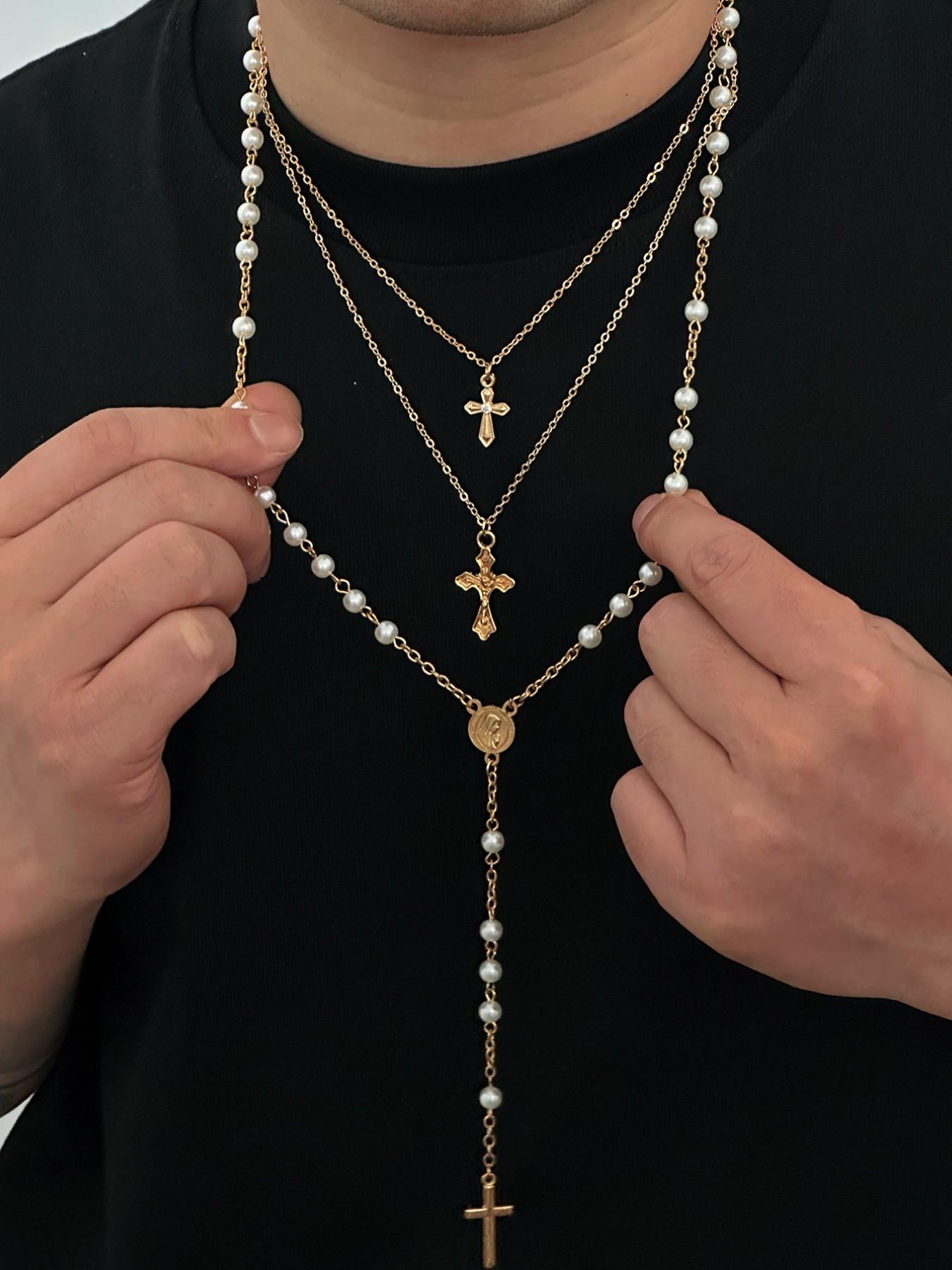3-Piece Retro Punk Metal Cross Pendant Y-Chain Necklace Set, Men's Hip-Hop Fashion Artificial Pearl Beaded Multi-Layer Necklace