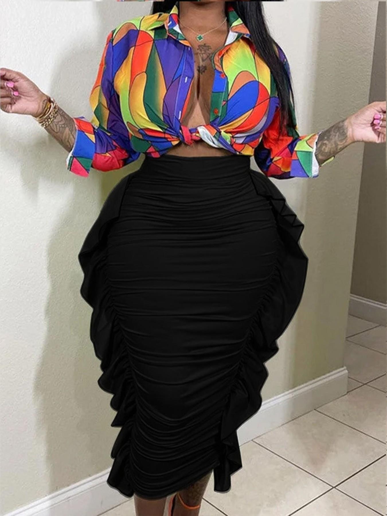 Spring Autumn Women's Solid High Waist Ruffle Bodycon Fit Midi Skirt, Casual Daily Wear, Vacation Style, Chic, Elegant and Comfortable