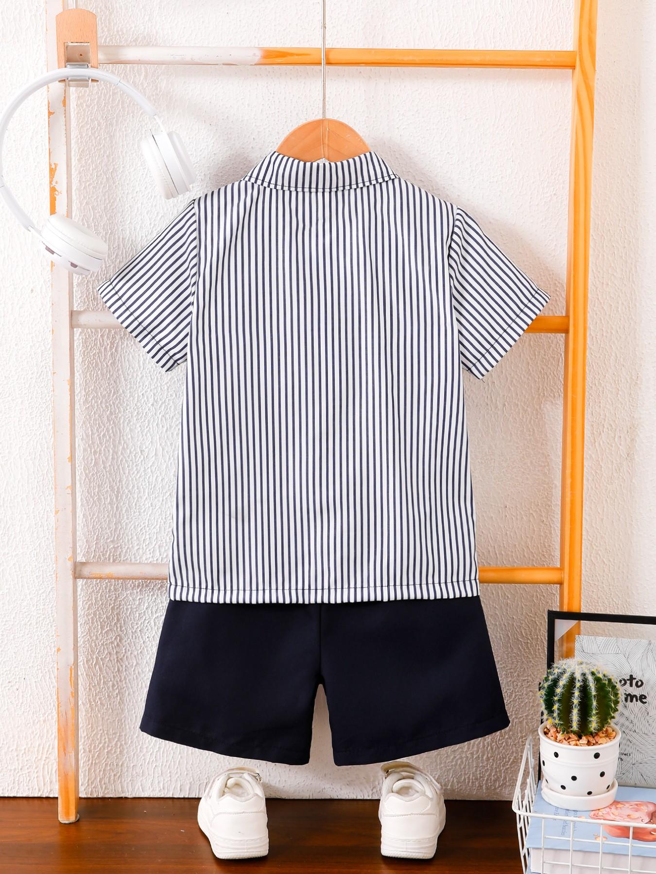Boys' Summer New Set, Button Front Collar Shirt Short Sleeve Fake Two-Piece Design, Navy and Stripes, Breathable Shorts, 2 Pieces