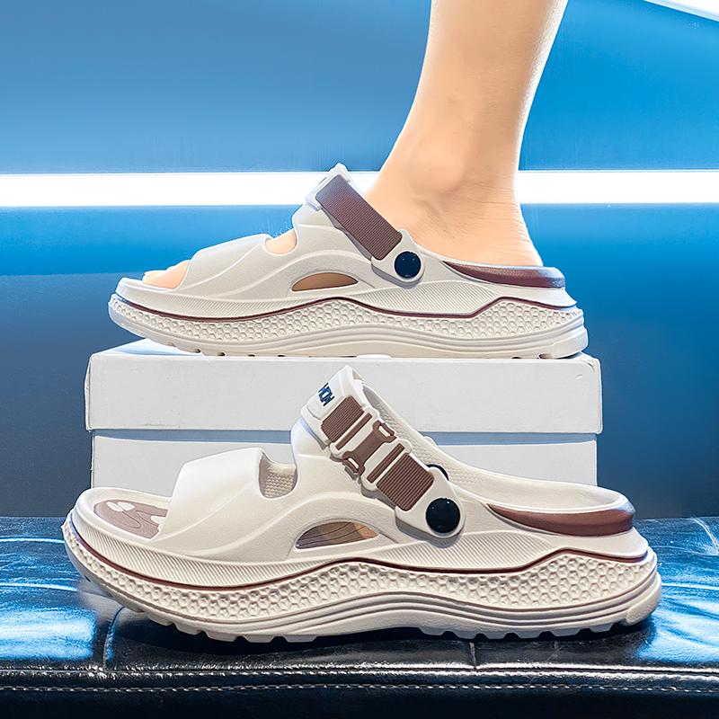 Men's Outdoor Beach Slippers, Thick Sole Height Increase Anti-Slip Eva Cushioning, One-Click Comfort Trendy Home Wear