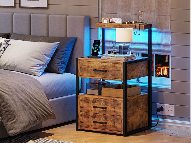 Sikaic LED Nightstand With Charging Station 2 USB Ports And 2 AC Outlets And 3 Drawers Open Storage