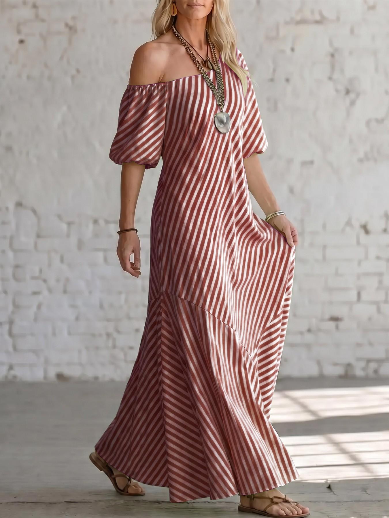 2026 Summer Asymmetric One Shoulder Striped Maxi Dress, Puff Short Sleeve, Irregular Hem, Casual Beach Sundress for Coastal Vacation  house dress Casual Wear Piece