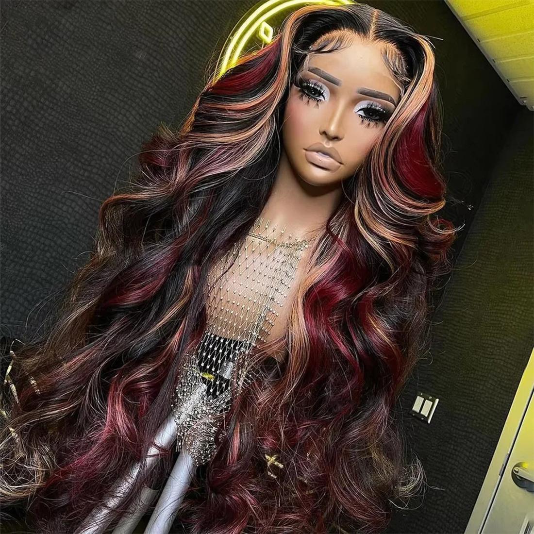 180% Density Black Red Wig Burgundy Highlight Wig Human Hair Body Wave Lace Front Wigs Human Hair 13X4 HD Lace Front Human Hair Wigs Pre Plucked with Baby Hair SpringStatements