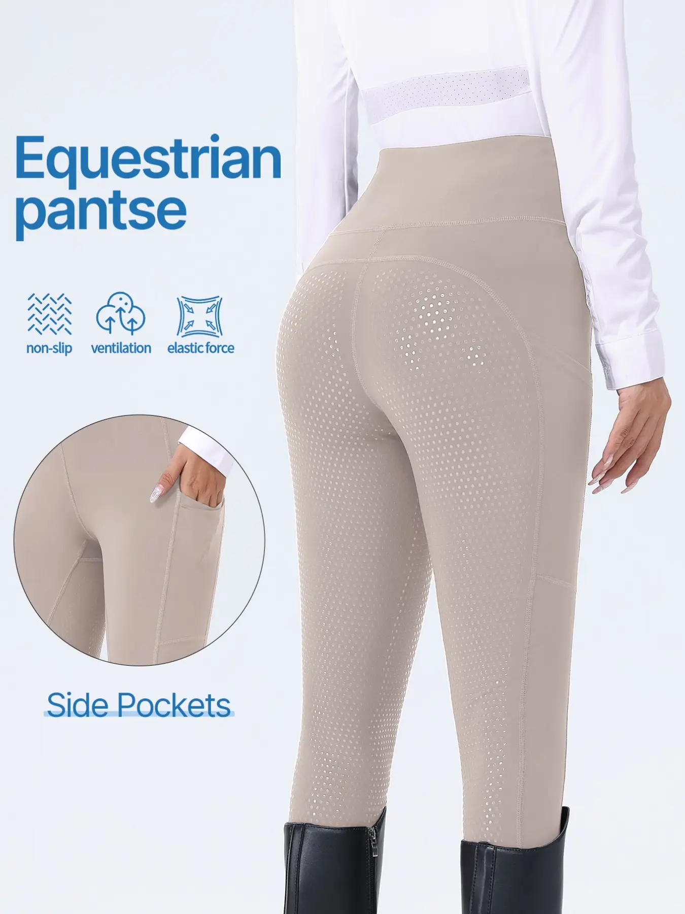 Women High Waist Equestrian Riding Pants, Full Seat Anti-Slip Silicone Breeches with Side Pockets, Stretch Horse Riding Tights