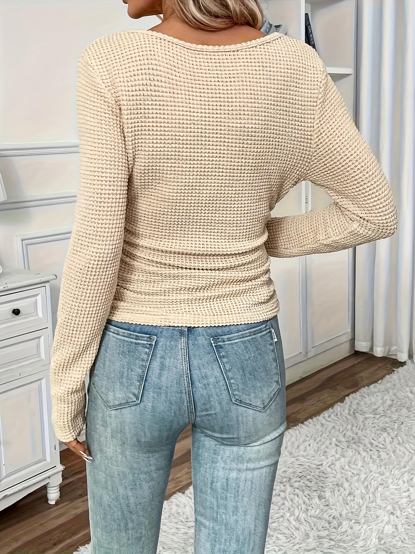 Elegant Women's Slim-Fit Long Sleeve T-Shirt, Plain Pattern Casual Top for Spring & Fall, Lady Comfortable Thin Knit Fabric Daily Everyday Wear