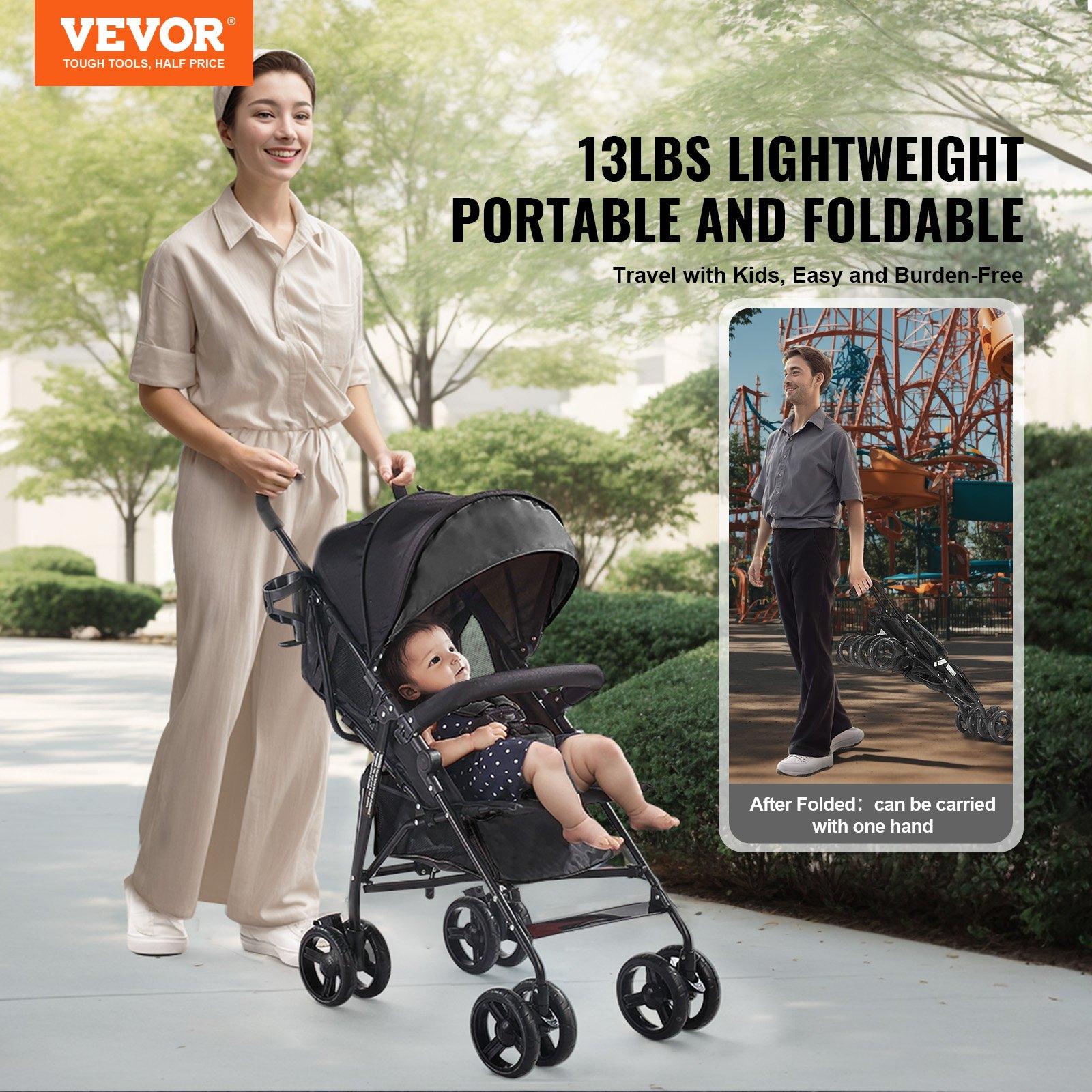fathersdaygift VEVOR Lightweight Stroller, Compact Easy Fold MultiPosition Recline Canopy Backrest, Carbon Steel Frame, Large Storage Basket, Cup Holder, Umbrella Toddler Baby Stroller for Travel and More, Black