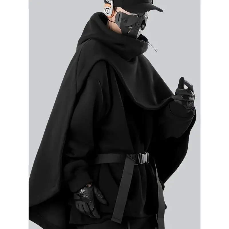 Men's Trendy Functional High Collar Cloak Hoodie Two-piece Cape Jacket Single Top No Belt Accessories Long Sleeve Black Fall Streetwear Hoodies Outfits