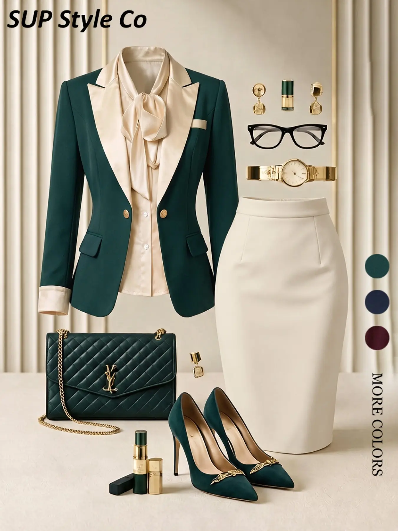 【Black Friday】Women's Three-Piece Set, Colorblock Notched Lapel Blazer, Bow Neck Inner Top, High-Waisted Midi Skirt, Casual Office Style, Elegant