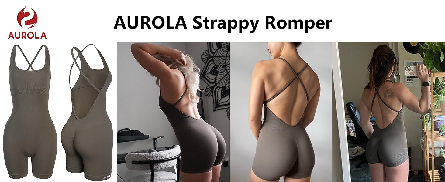AUROLA Strapy Romper for Women Workout Yoga Gym Seamless One Piece Jumpsuit Tummy Control Padded Sports One Piece Bodysuits