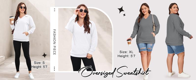 AUSELILY Women's Hoodless V-neck Sweatshirt With Kangaroo Pocket Fleece Longsleeve Oversized Casual Style Shirt