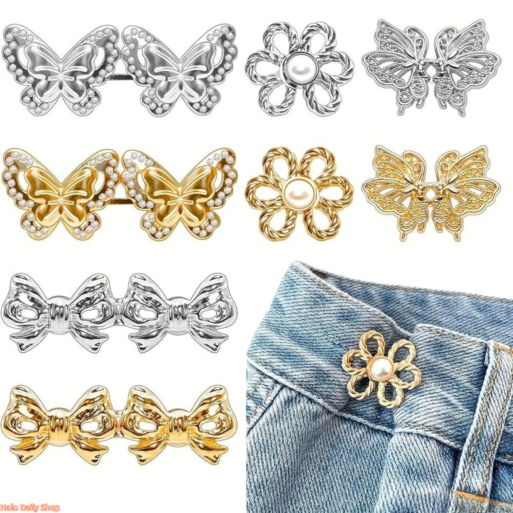 Women's Waist Tightener Button Clips, 8 Pack Gold Flower Decorative Snaps, Adjustable No-Sew Jean Buttons for Pants, Button Clips Snaps,travel essentials,camping essentials