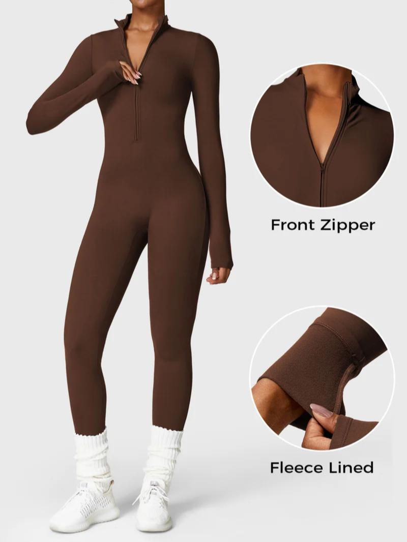 Women's Fall Winter Zipper Fleece Warm Stand Collar Jumpsuit, Slimming Bodycon Pants, Casual Fashion, Suitable for Daily Wear, Outdoor Training, Gym Workout, Sporty Comfy Jumpsuit
