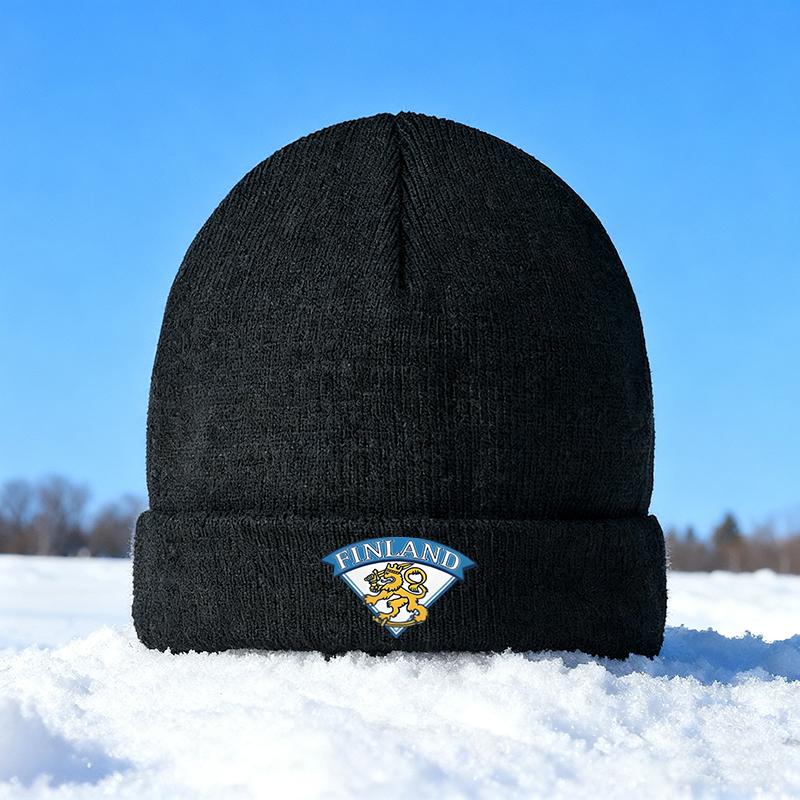 Finland Lion Emblem Knit Beanie Hat Winter Outdoor Cold Weather Warm Headwear for Adults Unisex Casual Snow Sports Hiking Running Urban Streetwear Ideal Christmas Holiday Gift for Family Friends and Loved Ones