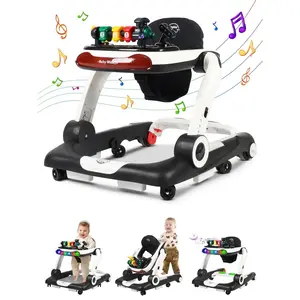 Music and Lights Baby Walker with Wheels, 6 in 1 Baby Activity Center w/Ergonomic backrest Design, Baby Walkers  Boys w/Foot Pads, Music Bouncer Walkers  Boys Girls Babies 6-18 Months, Black