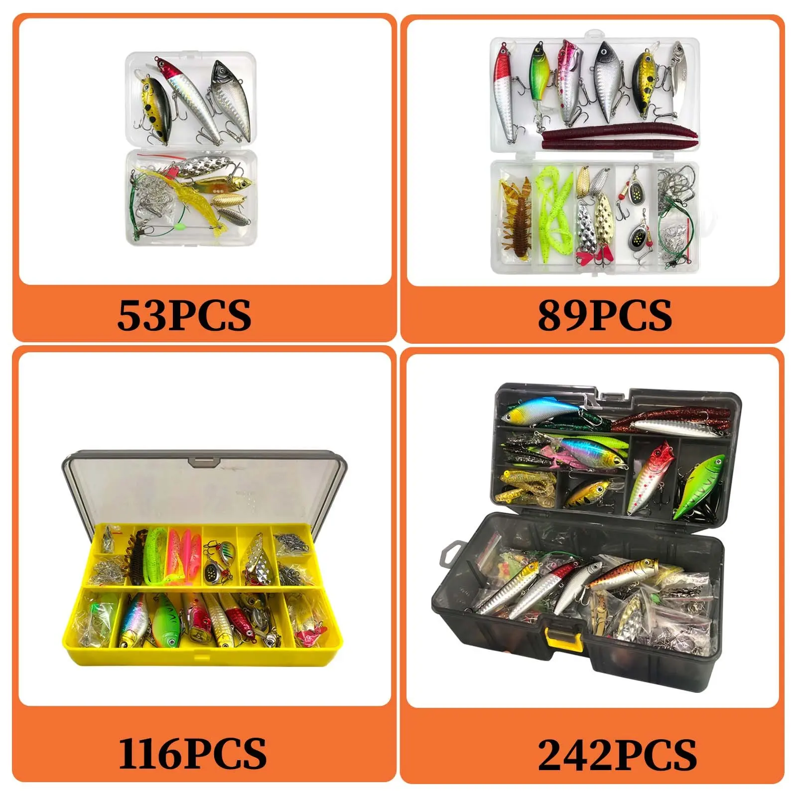 53/89/116/242 pcs Fishing Lure Set, Artificial Lures, Assorted Hard and Soft Baits, Topwater and Spoon Lures with Hooks and Tackle Box Kit, Gift for Fishermen, Fishing Supplies, Fishing Combo