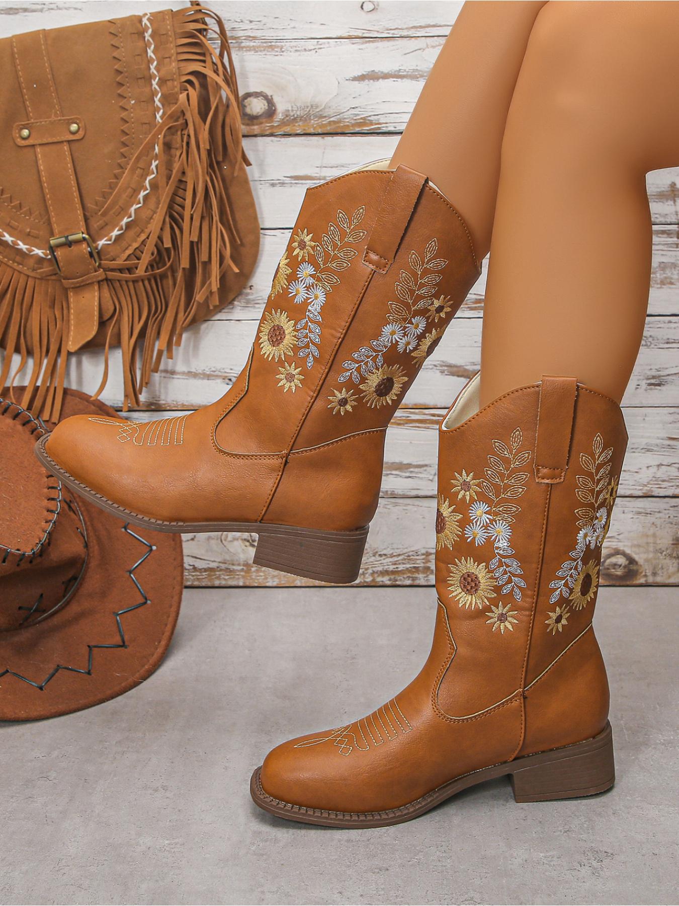 Women's Sunflower Floral Embroidery Mid-Calf Boots, Round Toe Low Heel, Vintage Western Classic Style, Daily Commute Party Fashion Shoes