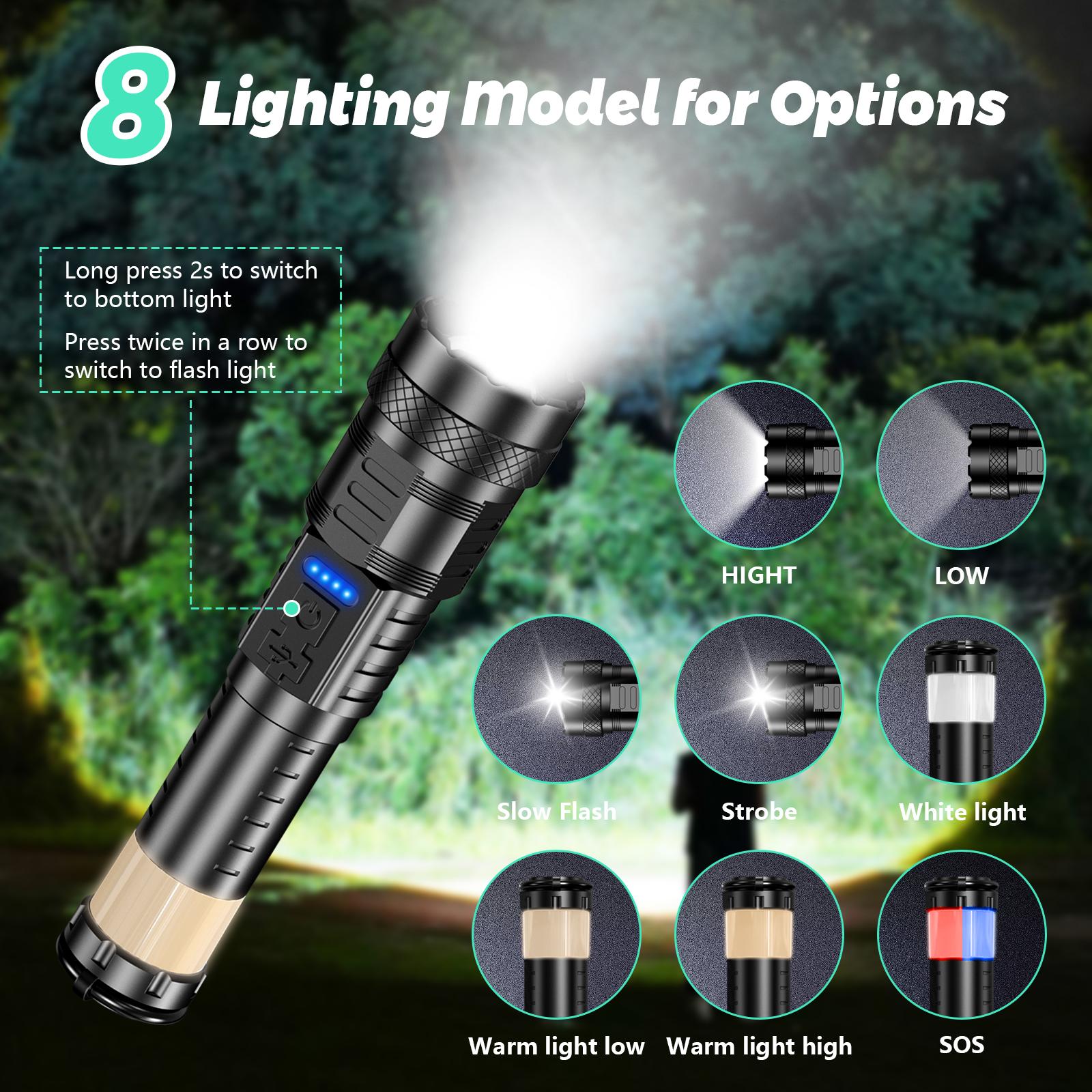Flashlight Strong Light, 3000 Lumens, Strong Magnetic Attraction, Laser Flashlight, USB Rechargeable, 8 Light Modes, Emergency Red and Blue Lights, International Rescue Lights, For Garage, Garden, Camping, Emergency, Best Gifts