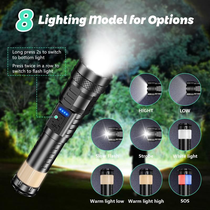 【Valentine's Day gift】 Flashlight Strong Light, 3000 Lumens, Strong Magnetic Attraction, Laser Flashlight, USB Rechargeable, 8 Light Modes, Emergency Red and Blue Lights, International Rescue Lights, For Garage, Garden, Camping, Emergency, Best Gifts