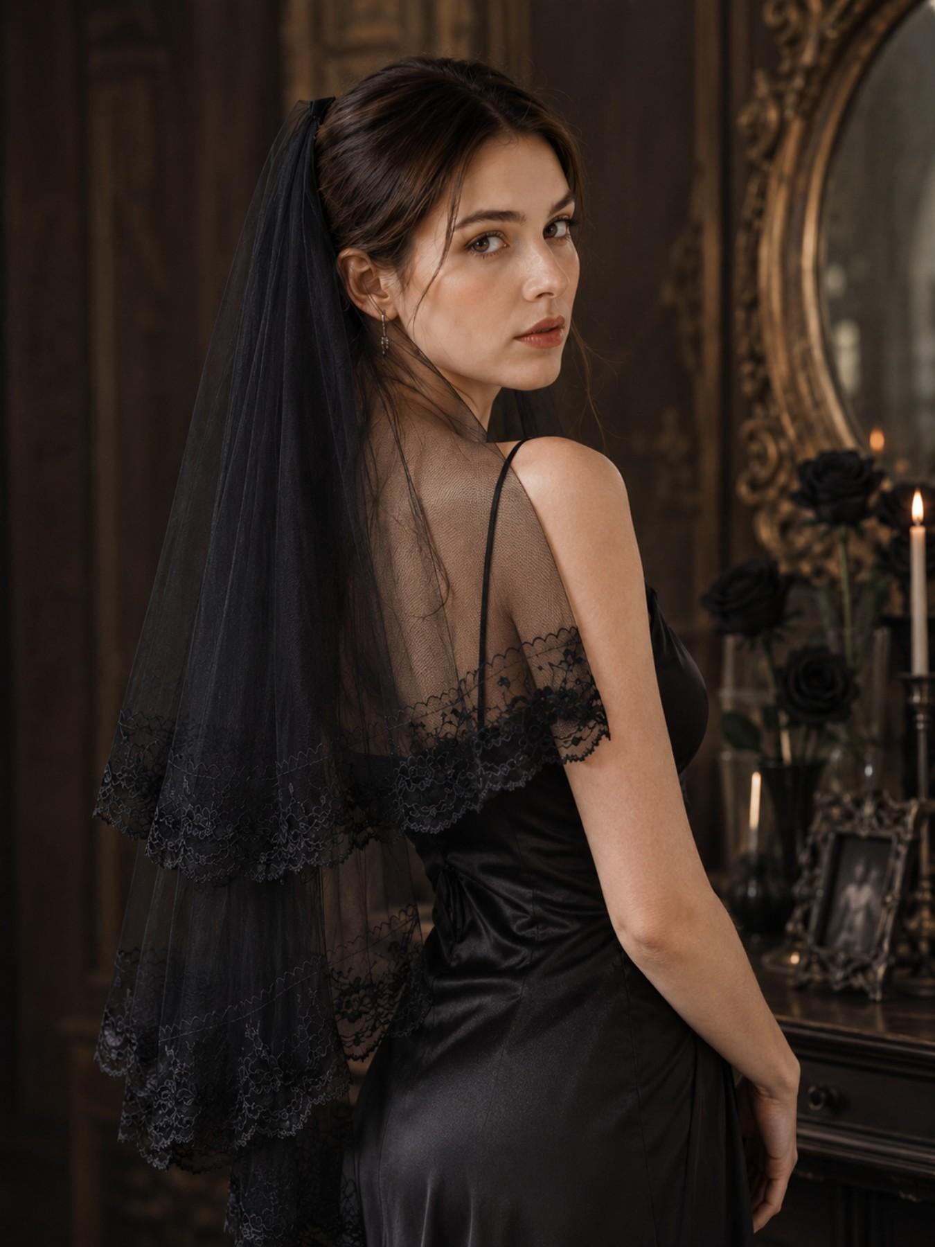 Gothic 2-Layer Tulle Wedding Veils with Floral Lace Edge & Comb, Classic Black Bridal Headwear, Perfect for Halloween Party, Cosplay Outfit, Dark Wedding and Spooky Themed Events