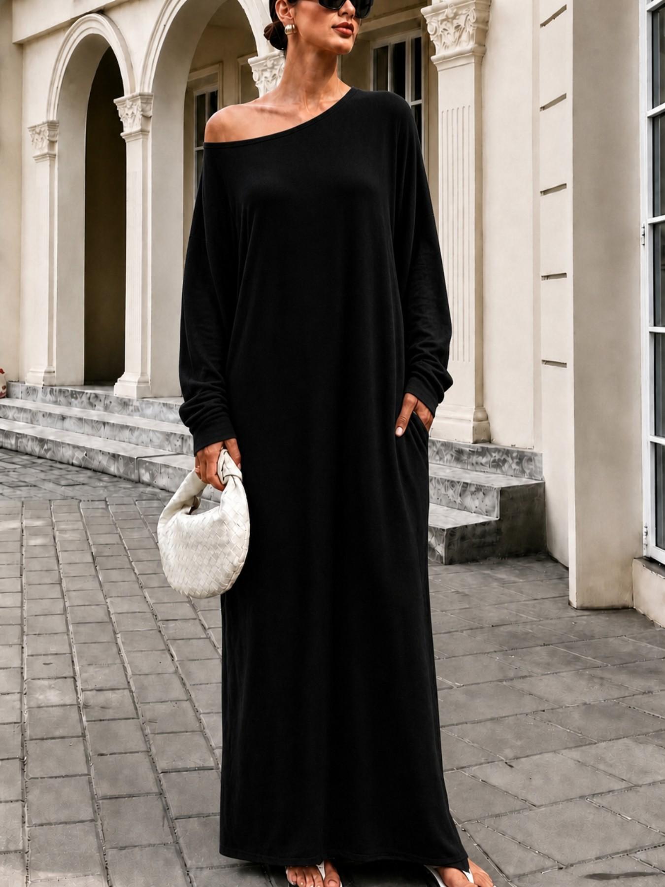 Women's New Loose Long Sleeve Asymmetrical Neckline Dress, Elegant Solid Color Casual Street Style, Minimalist Fall Fashion Long Dress