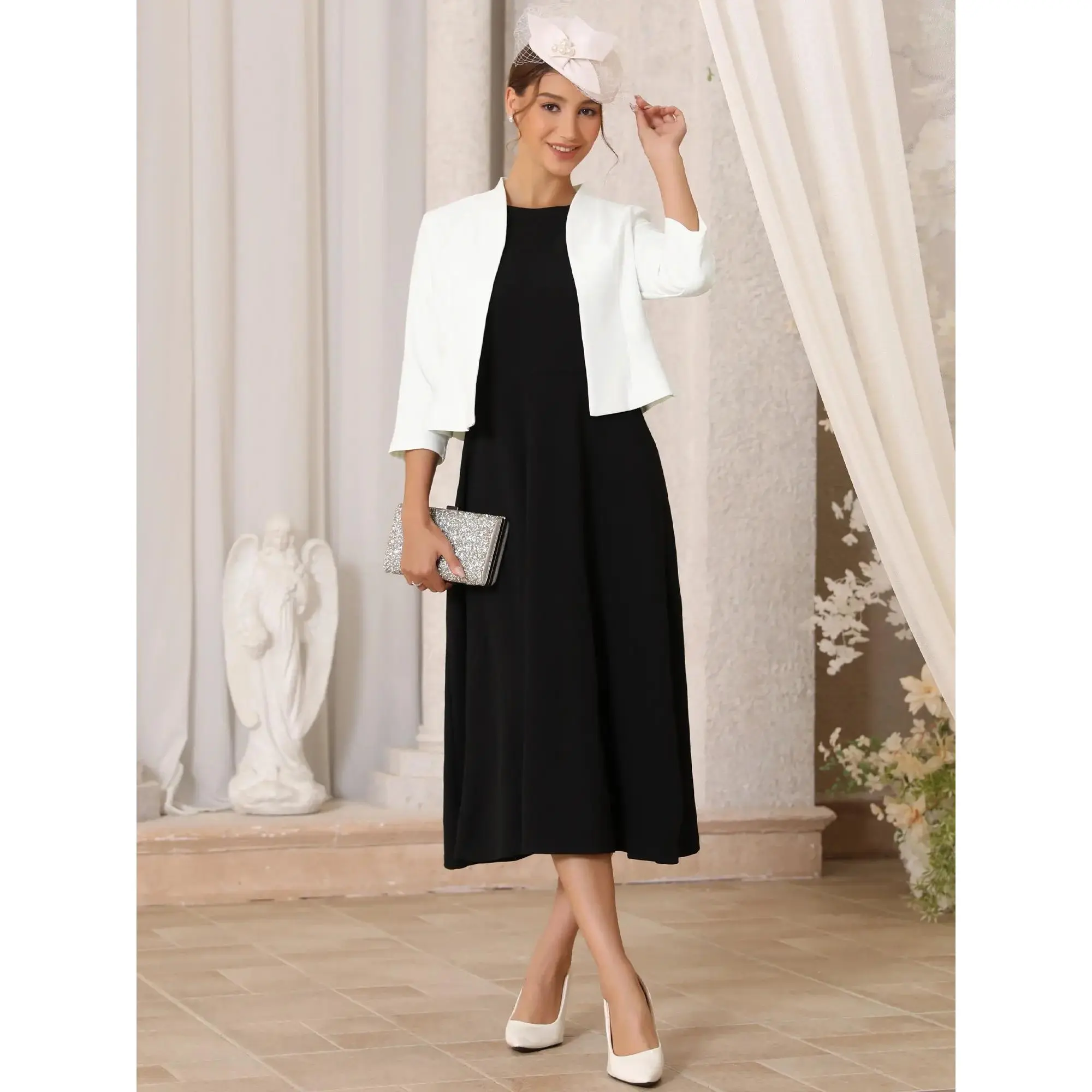 Women's Collarless Blazer Open Front Short Sleeve Evening Formal Cardigan Jacket