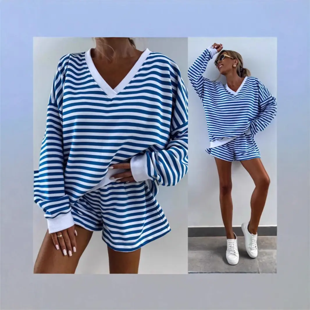 Women Striped 2 Piece Outfits V‑Neck Long Sleeve Loose Top & Elastic Shorts Casual Loungewear Set