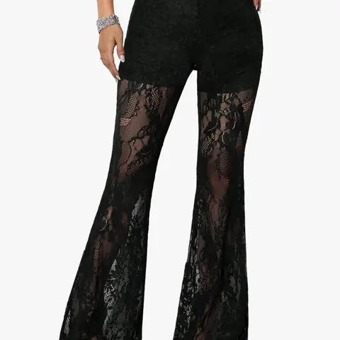 Women's Tight Bodycon Lace Sexy Bell Bottom Pants, Elastic Waist, Floral Pattern, Long/regular Length, Spring & Fall Fashion, Bottoms #GLOBAL PICKS