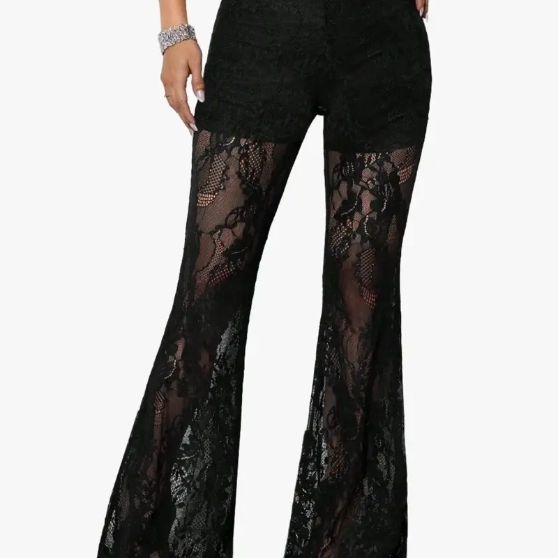 Women's Tight Bodycon Lace Sexy Bell Bottom Pants, Elastic Waist, Floral Pattern, Long/regular Length, Spring & Fall Fashion, Bottoms #GLOBAL PICKS