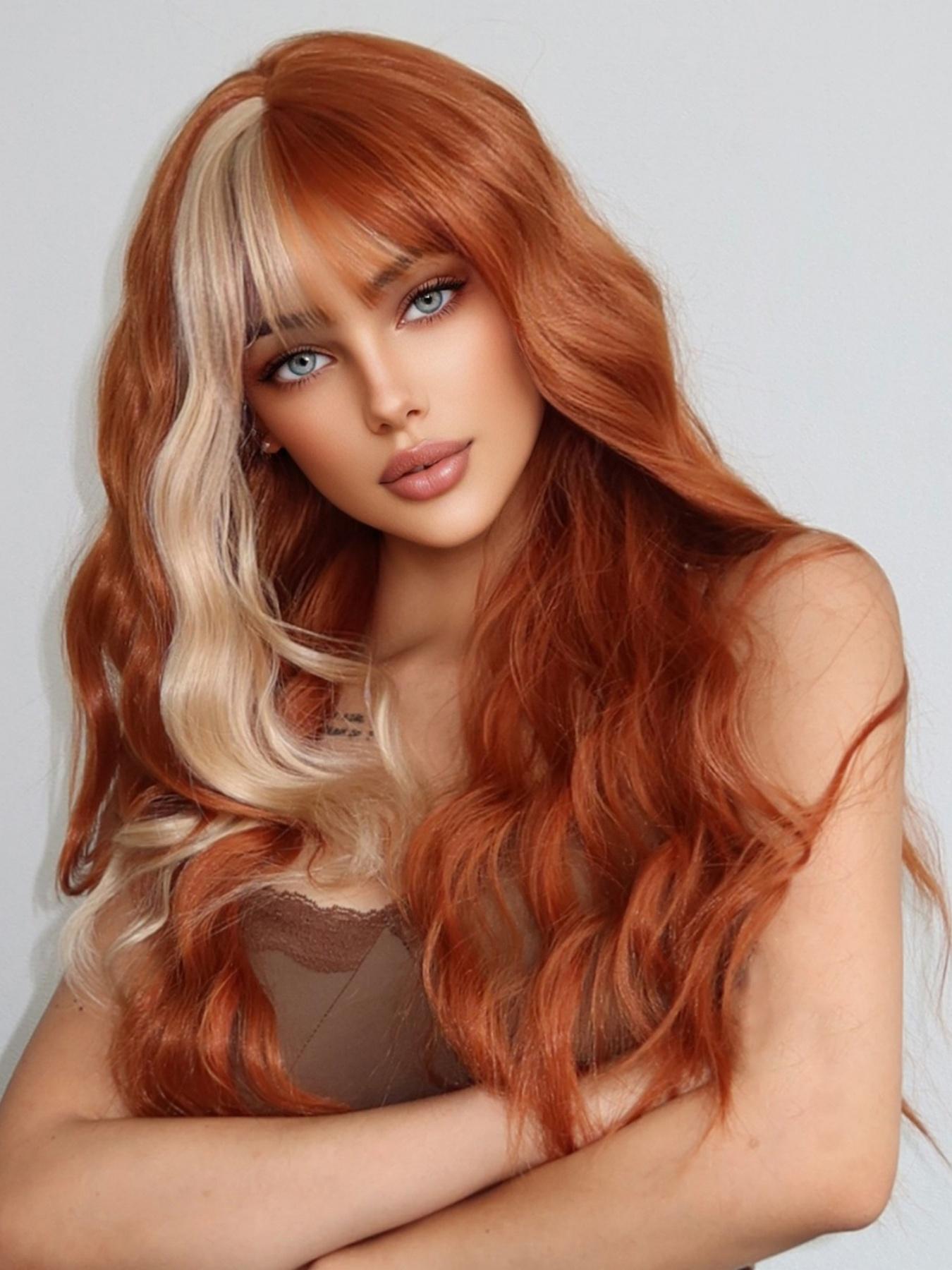 Fashionable Festival Long Curly Orange Wigs with Bangs and Highlights Synthetic Women's Wigs for Festivals, Dance Parties or Halloween Cosplay Taking Photos