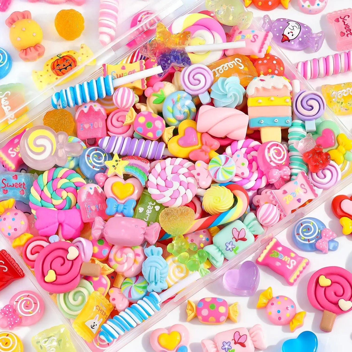 120PCS Fake Candy Charms Cute Flatback Resin Charms For Slime, Random Kawaii Decoden Charm for Embellishments Slime Charm for Craft Phone Junk Case Charms Bulk Rainbow Lollipop, Scrapbooking DIY DecorGift