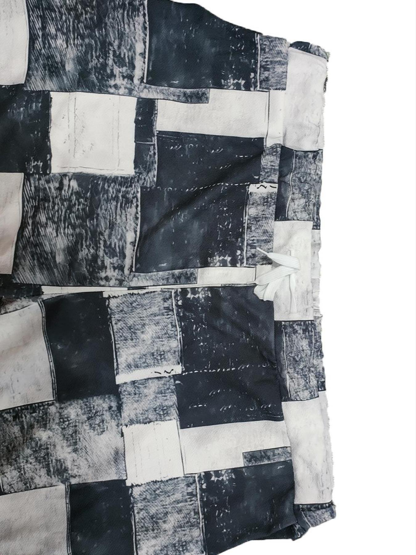 【Plus Size】 Colorblock Patchwork Print Drawstring Waist Pants, Casual Fashion Comfy Pocket Trousers for Daily Wear, Women's Bottoms for Summer