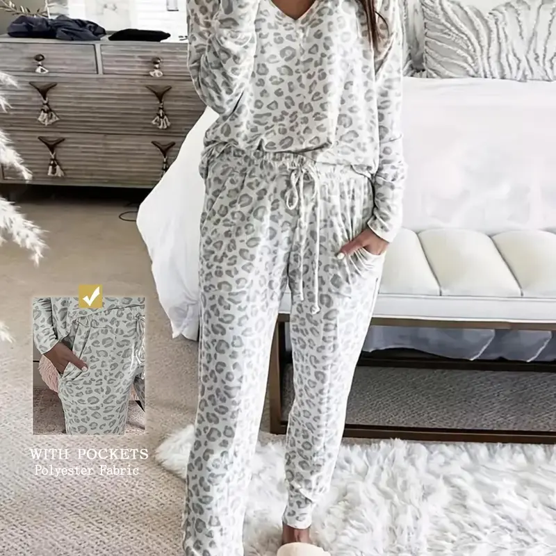 Leopard Print Casual Style Pajama Set, Long Sleeve V Neck Top and Drawstring Waist Pants with Pockets, Women's Home Wear and Sleepwear, All Seasons