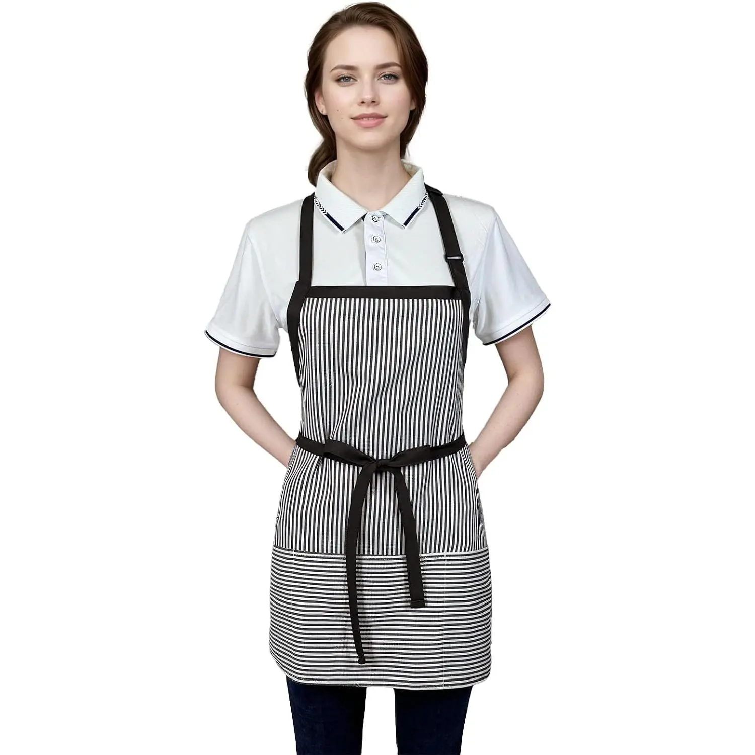 Kitchen Apron with 3 Pocket, Adjustable Server Apron, Waitress Apron with Pockets Stripes
