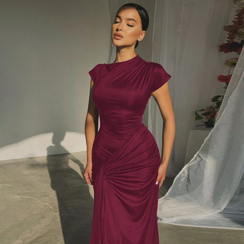 Solid Color Short Sleeve Bodycon Maxi Dress with Ribbon Women's 2025 Summer Fall New Casual Elegant Party Club Ruched Back Lace Up Bandage Patchwork Long Dresses Clothing Vacation Outfits