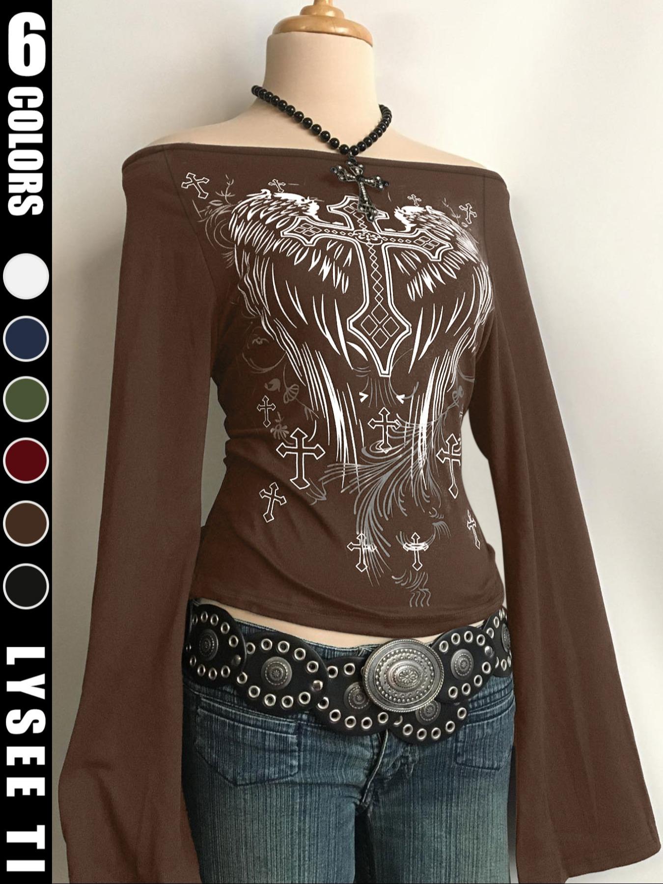Fashion Casual Y2K Women's Cross Print One-Shoulder Flare Sleeve Top, Halloween Style, Fitted Design, Fall & Winter Wear, Aesthetic