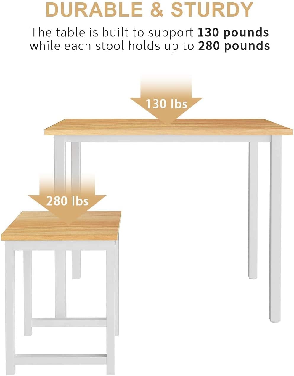 Hooseng 3-Piece Small Dining Table Set | Bistro Table with 2 Nesting Stools | Faux Wooden Top & White Metal Frame | Easy Assembly & All Tools Included | Compact Set for Small Spaces, Kitchen Nooks & Apartments