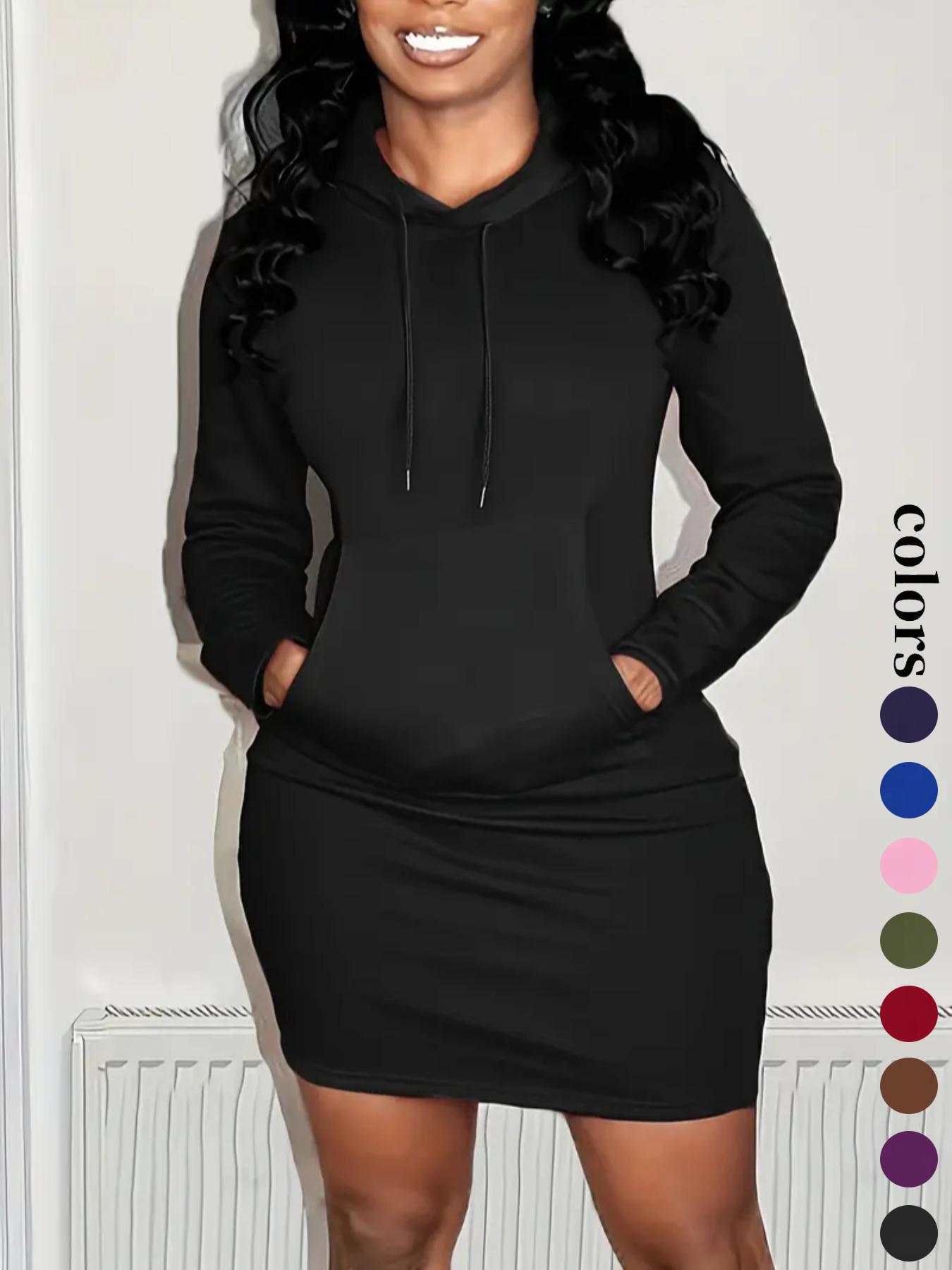 Women's Solid Drawstring Hooded Sweatshirt Dress, Casual Long Sleeve Pocket Dress for Fall & Winter, Ladies Clothes for Daily Wear, Womenswear, Fabric
