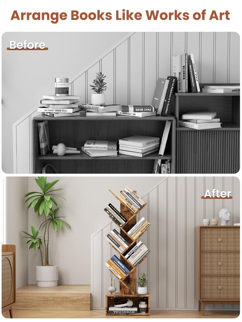 Flycity Bookshelf with Drawer,6 Tiers Tree Bookshelf, Modern Book Storage Organizer,Free Standing Tree Bookcase, Utility Organizer Shelves for Home,Office,Living Room,Bedroom Corner Computer Desk Adjustable Height Desk