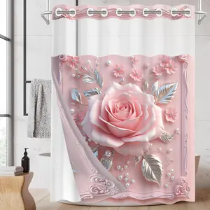1PC/4PCS 2D Flat Printing Pink Silver Patterned shower curtain, home bathroom, Restroom decor, shower curtain set with 12 hooks, non-slip bathroom rug, U-shaped toilet seat cover, toilet seat mat, Bathroom Decoration Accessories, Printed Shower Curtain