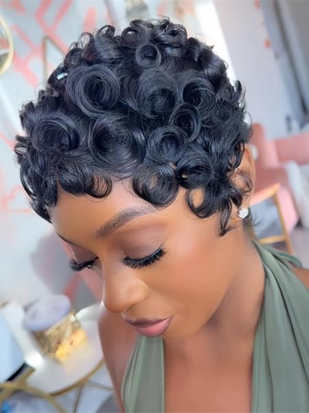 Human Hair Pixie Cut Wig, Short Curly Wavy Wig with Bangs, Natural, Rose Net Cap, Elegant Style for Women, Daily Use, Pixie Wigs