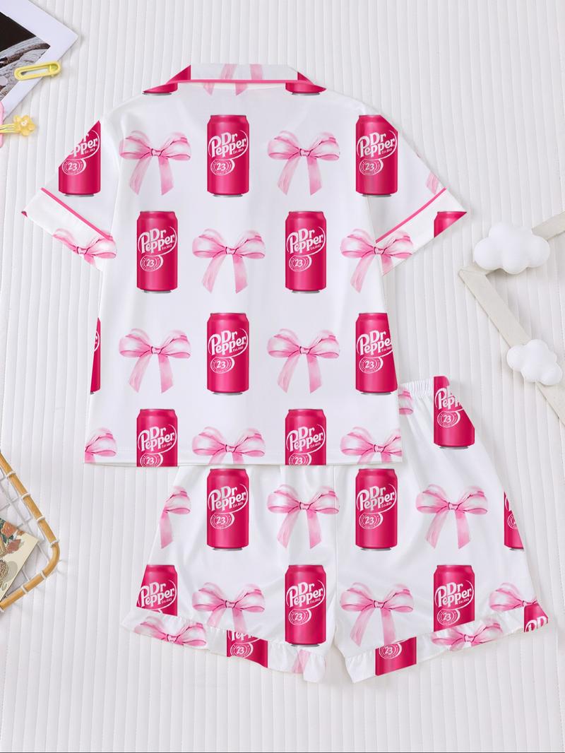 Dr Pepper Soda Can Bow Print Short Sleeve Pajama Set, Cartoon Sleepwear Two-Piece Suit, Casual Loose Fit Home Wear