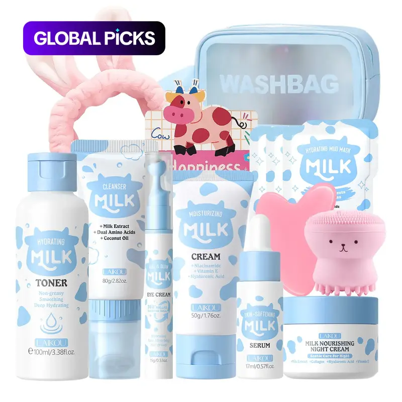 14PCS Milk Skin Care For Teen Gift Set - 14 In 1 Moisturizing & Gentle Milk Skin Care For Teens Girls - Facial Kit For Women with GuaSha - Smooth Skin Set #GLOBAL PICKS