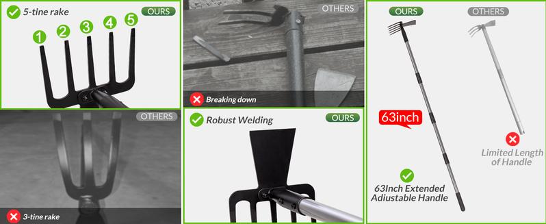 Walensee 2 in 1 Hoe Garden Tool, 63 Inch Garden Hoe Cultivator and 5-Tines Rake with 37-63 Inch Adjustable Long Handle, Grass Pulling Tools Hand Tiller for Yard Lawn Flower Beds Planting Gardening Digging Walensee 2 in 1 Hoe Garden Tool, 63 Inch Garden Hoe Cultivator and 5-Tines Rake with 37-63 Inch Adjustable Long Handle, Grass Pulling Tools Hand Tiller for Yard Lawn Flower Beds Planting Gardening Digging