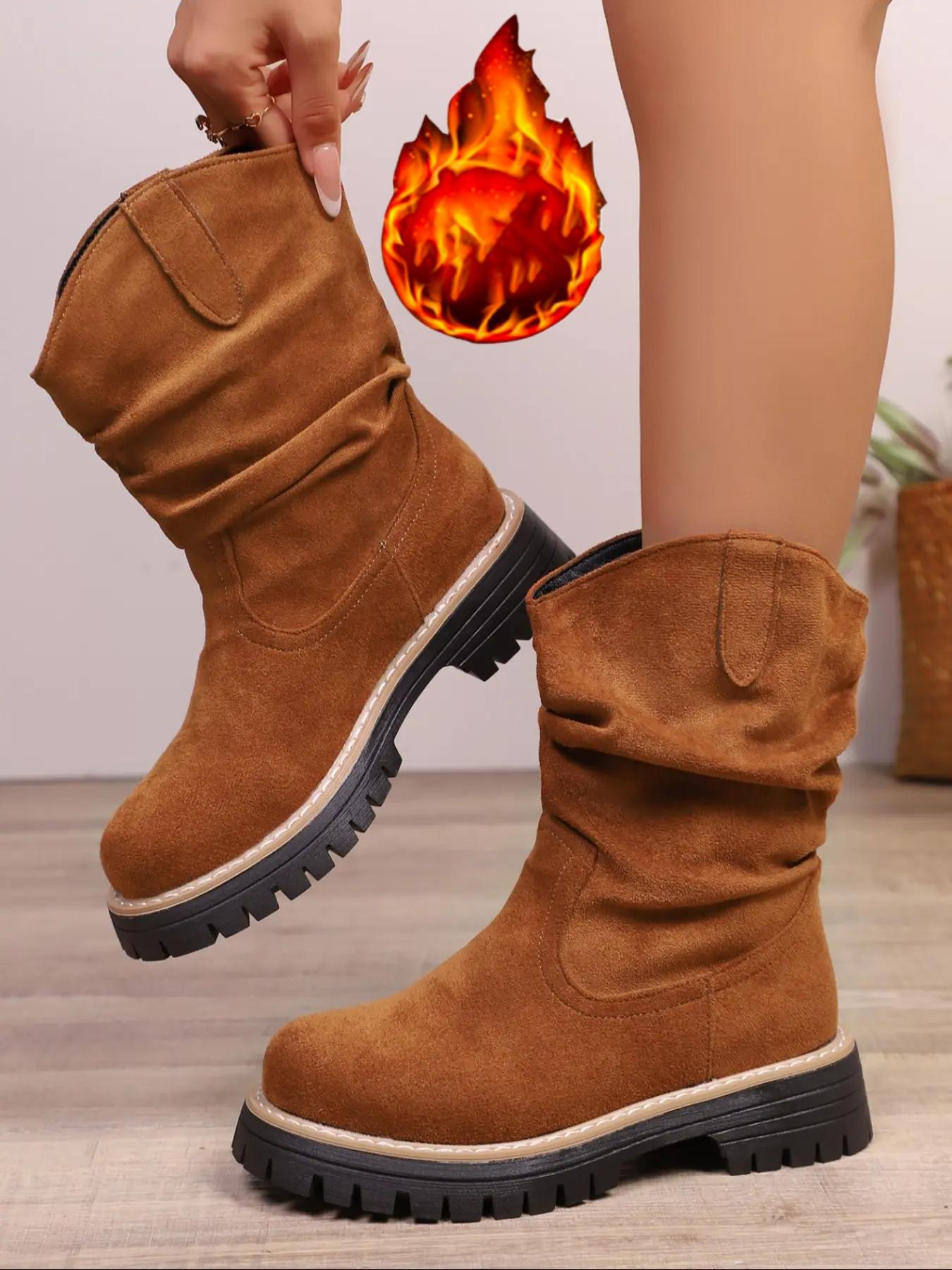 Women's new style pleated design fashionable warm outdoor solid color stretch velvet long boots, trendy mid-calf vintage denim boots, combat boots, motorcycle boots, Western Cowboy Boot, Western Inspired Boots, Footwear