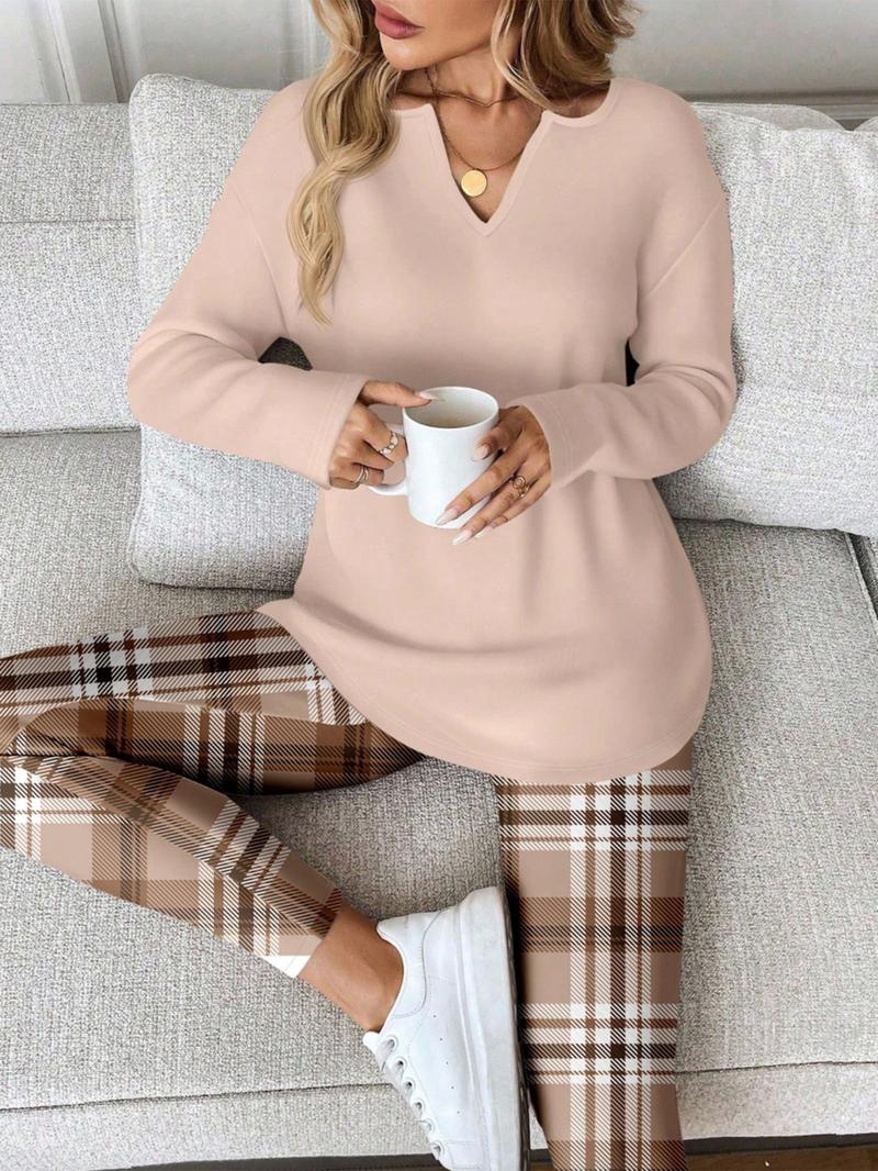 2pcs/Set Women Long Sleeve T-Shirt And Leggings,Spring/Autumn Work From Home Outfit Comfortable Outfits For Women 2 Piece Lounge Sets Woman Lounge Wear Breakfast Outfits For Women，Leopard /Plaid Print Set