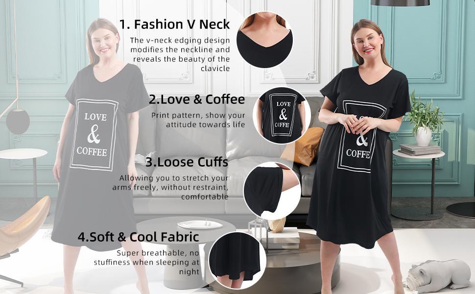 Plus Size Nightgowns for Women Short Sleeve Sleep Dress V Neck Loose Sleepwear Loungewear NGP01 Nightdress Black Coffee