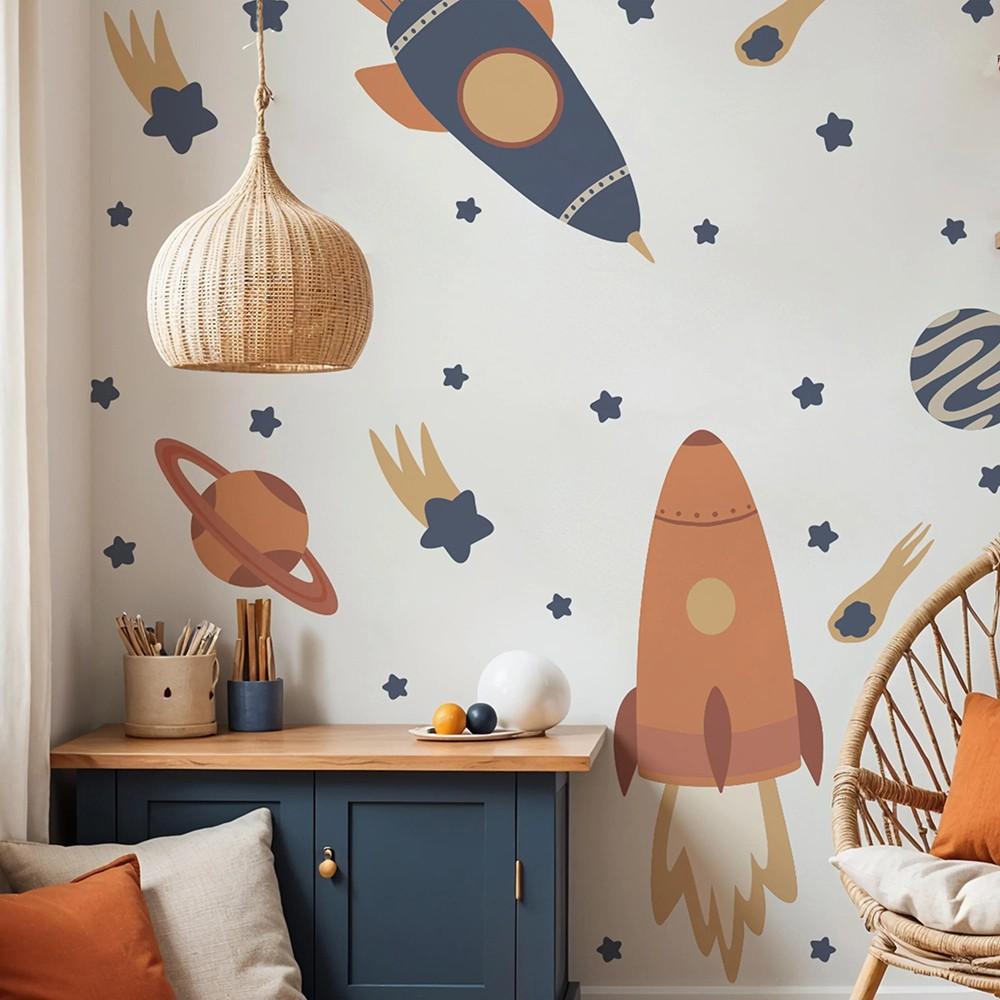 Cartoon Space Rocket Planet Wall Sticker, Galaxy Star Wall Decal, Perfect for Bedroom, Game Room, Living Room Home Decor