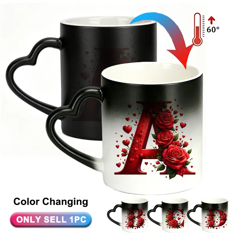 1pc Magical Color Changing Coffee Mug With 26 Alphabet Options floral letter pattern | 11oz Unique Aesthetic Heart Design, Perfect for Birthdays, MotherS Day, Valentine'S Day, and Holiday Gifts, Novelty Coffee Mugs - Ceramic Cup Drinkware